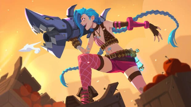 Jinx Lol character holding a large rocket launcher with a confident smile, 2K Desktop Wallpaper