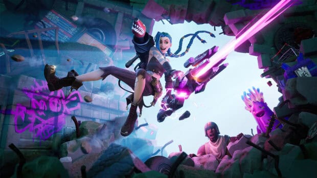 Jinx is jumping with a rocket launcher in an urban destruction scene, 4K Desktop Wallpaper