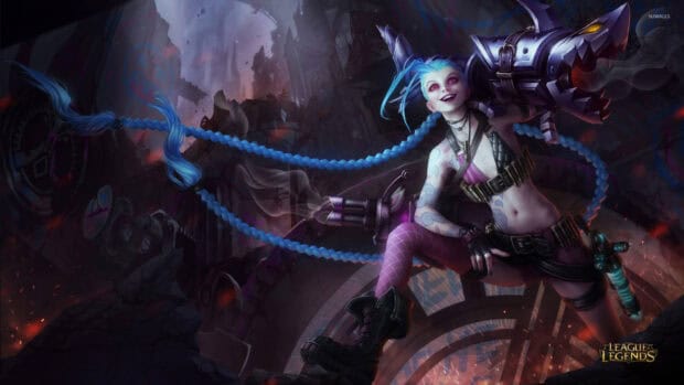 Jinx Lol Wallpapers shows a character with blue hair holding a large cannon, HD Desktop Wallpaper