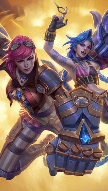 Jinx and Vi prepare for battle with vibrant armor and weaponry, HD Phone Wallpaper