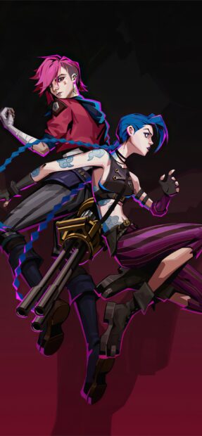 Jinx and Vi stand back to back ready for battle in this dynamic scene, 2K Phone Wallpaper