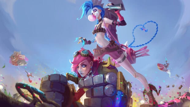 Jinx and Vi are shown preparing for battle in a vibrant scene from League of Legends featuring their unique styles, 4K Desktop Wallpaper