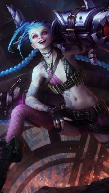 Jinx Lol Wallpapers features a character with blue pigtails and tattoos holding a large gun, 2K Phone Wallpaper