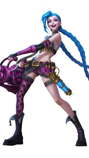Jinx is holding a large weapon and smiling widely, HD Mobile Wallpaper