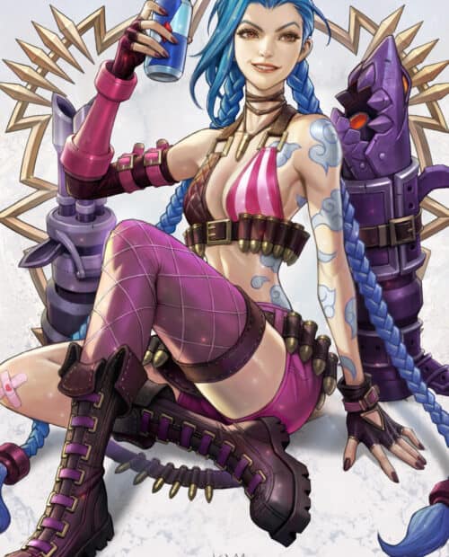 Jinx Lol Wallpapers showing the character sitting with ammunition and a bright smile, HD Mobile Wallpaper