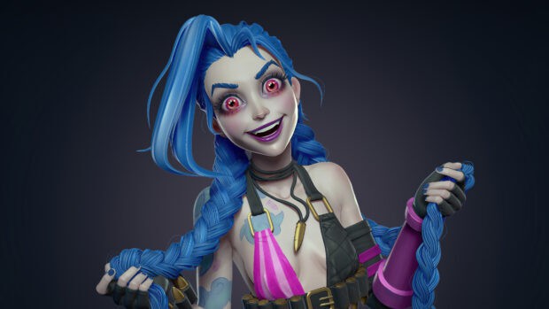 Jinx Lol Wallpapers features a fierce look with blue braided hair and bright eyes, 4K Desktop Wallpaper