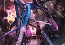 Jinx Lol Wallpapers is portrayed holding a staff with an intense look, 4K Desktop Wallpaper
