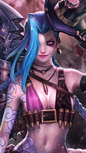 Jinx Lol Wallpapers shows a confident woman with tattoos and ammunition belt, 4K Phone Wallpaper