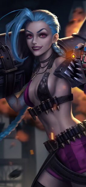 Jinx Lol Wallpapers showing a confident pose with weapons and a fiery background, HD Mobile Wallpaper