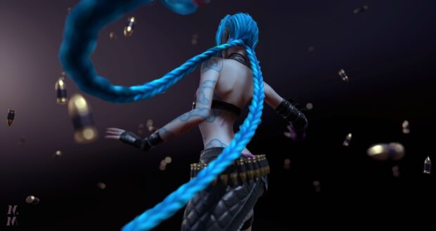 Jinx is shown from the back with long blue braids and bullets floating around her, 4K Desktop Wallpaper