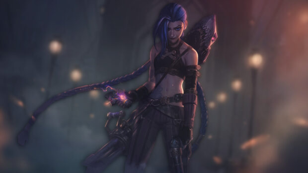 Jinx from League of Legends is shown holding weapons in a dark urban setting, 4K Desktop Wallpaper