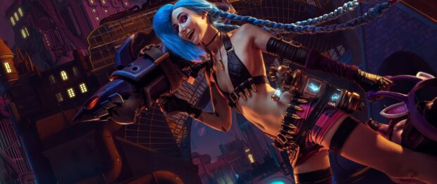 Jinx Lol Wallpapers character posing with a large weapon in a futuristic urban setting, 2K Desktop Wallpaper