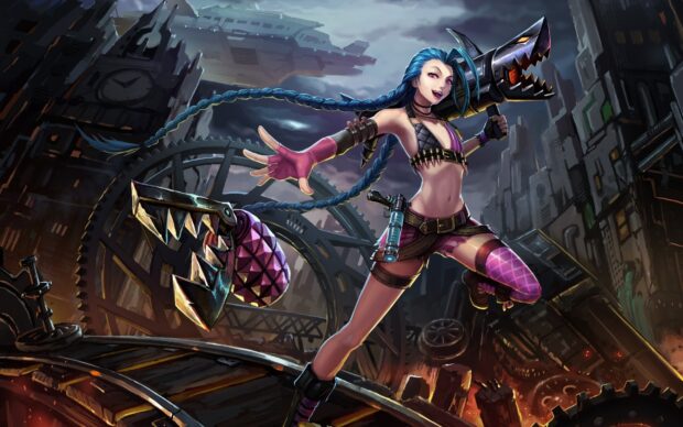 Jinx from League of Legends is jumping with her weapons in a dark mechanical city, HD Desktop Wallpaper