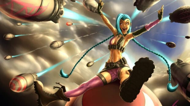 Jinx Lol Wallpapers shows the character joyfully riding a bomb in the sky, HD Desktop Wallpaper