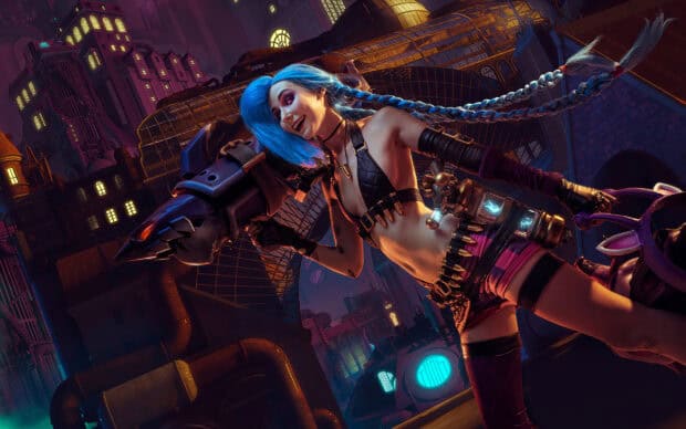 Jinx from League of Legends is holding a large weapon in a dark cityscape, 2K Desktop Wallpaper