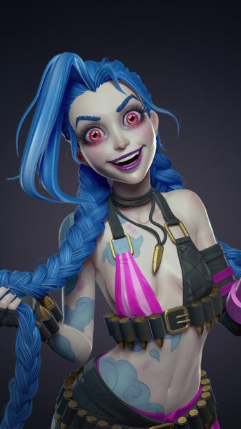 Jinx Lol Wallpapers showing a vibrant character with blue braided hair and distinctive tattoos, HD Mobile Wallpaper