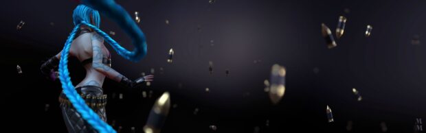 Jinx Lol Wallpapers featuring a character with long blue braided hair surrounded by flying bullets, 4K Desktop Wallpaper