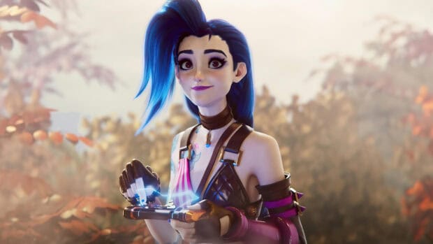 Jinx Lol Wallpapers character holding a glowing device in a forest setting, 4K Desktop Wallpaper
