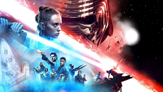 The image shows a dramatic battle scene featuring multiple characters from Jj Abrams works, 2K Desktop Wallpaper