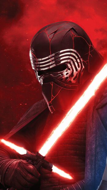 A dark figure holding a red lightsaber with a cracked helmet in a red background featuring Jj Abrams wallpapers, 4K Phone Wallpaper