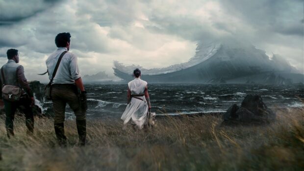 Three characters from Jj Abrams films face a large crashed ship near the shore under cloudy skies, 4K Desktop Wallpaper