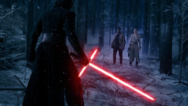 A tense duel with Jj Abrams characters in a snowy forest holding a red cross lightsaber, 4K Desktop Wallpaper