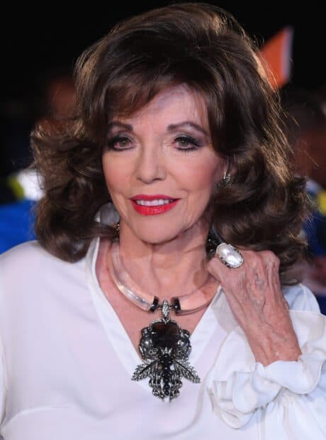 Joan Collins wallpapers shows a classic portrait with elegant jewelry and makeup, 2K Mobile Wallpaper