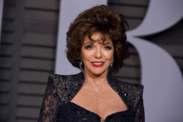Joan Collins wears a sparkling black dress with a confident smile, HD Desktop Wallpaper