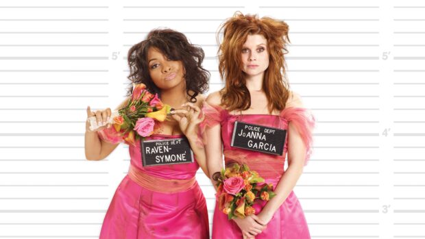 Joanna Garcia Swisher and Raven Symone posing in pink dresses holding flowers in a police lineup, 4K Desktop Wallpaper