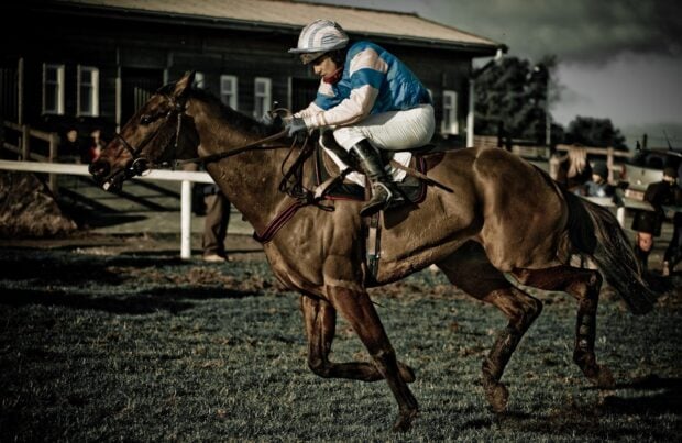 A jockey is competing in a horse racing event at a racetrack, HD Desktop Wallpaper