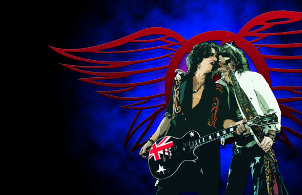 Joe Perry wallpapers showing two musicians with guitars and winged emblem, 2K Desktop Wallpaper