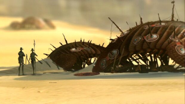 Two characters stand near a large armored creature in the desert in John Carter wallpapers, HD Desktop Wallpaper