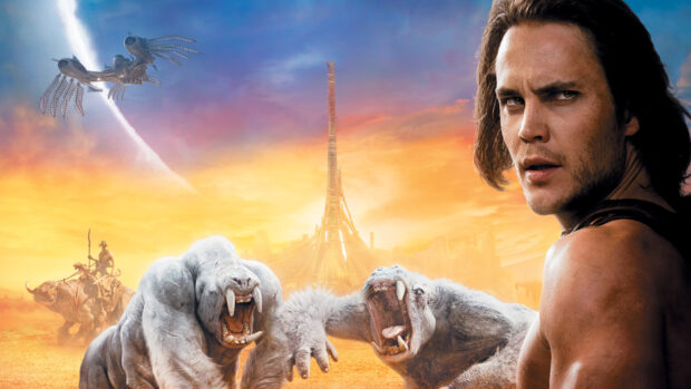 A determined John Carter confronts two large white beasts under a vibrant sunset sky, HD Desktop Wallpaper