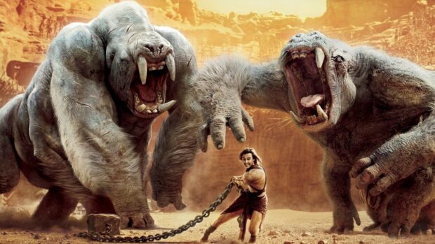 John Carter struggles to control two massive beasts with chains, HD Desktop Wallpaper