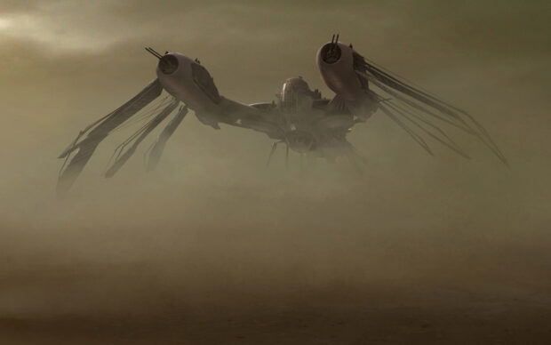 A futuristic flying machine hovers above a dusty landscape in John Carter, HD Desktop Wallpaper