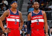John Wall and teammate prepare for game during NBA match, HD Desktop Wallpaper
