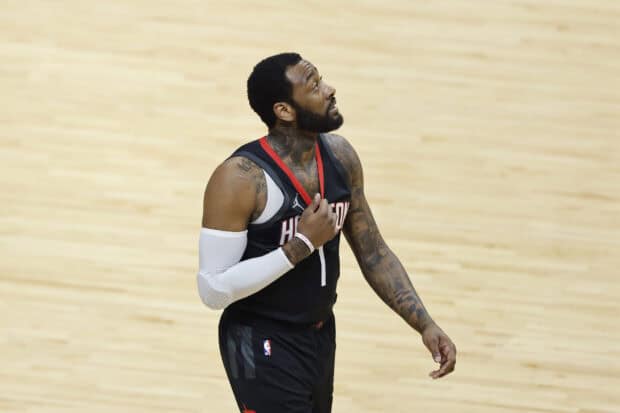 John Wall is seen on the basketball court wearing a Houston Rockets jersey, 2K Desktop Wallpaper