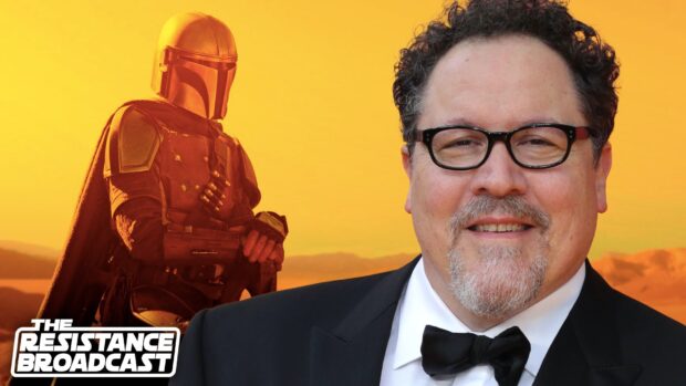 Jon Favreau is pictured with a futuristic armored character in the background, HD Desktop Wallpaper