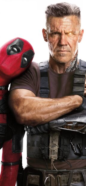 Josh Brolin stands with a serious expression next to Deadpool, 2K Mobile Wallpaper