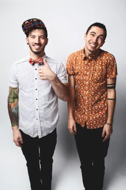 Josh Dun with a colorful tattoo and a friend smiling together, HD Desktop Wallpaper