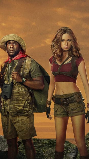 Two main characters pose in action gear from Jumanji The Next Level movie, 4K Mobile Wallpaper