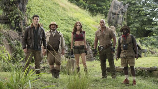 The Jumanji The Next Level characters stand in a jungle scene, 4K Desktop Wallpaper