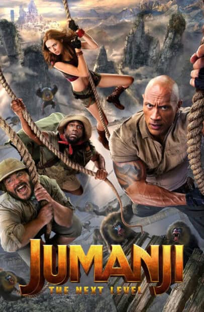 Characters from Jumanji The Next Level climb ropes with baboons in a mountainous jungle, 2K Mobile Wallpaper