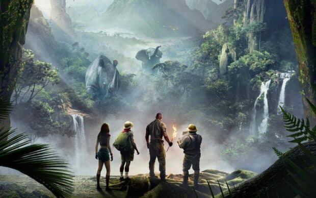 Four adventurers explore a jungle with rhinos and elephants under misty waterfalls, HD Desktop Wallpaper