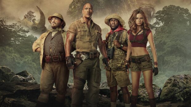 Four characters stand firmly in a jungle setting from Jumanji The Next Level, 4K Desktop Wallpaper