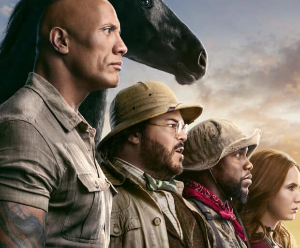The main characters from Jumanji The Next Level stand facing forward with a horse behind them, HD Desktop Wallpaper