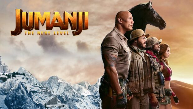 The main characters of Jumanji The Next Level stand in a row with mountains and desert in the background, HD Desktop Wallpaper