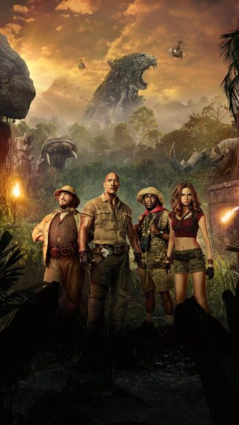 The main characters stand in a jungle setting with ancient statues and helicopters flying in the background, 2K Mobile Wallpaper