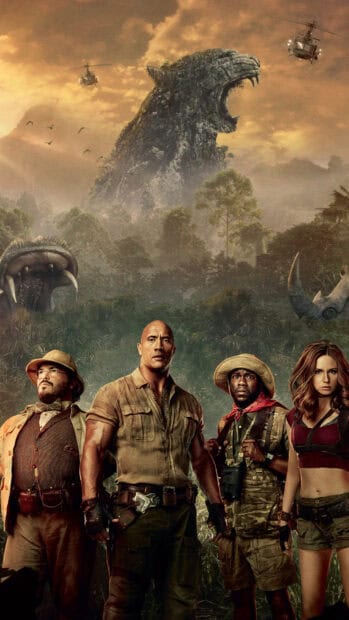 The main characters stand ready in a jungle landscape with a giant stone animal head and helicopters, 4K Mobile Wallpaper