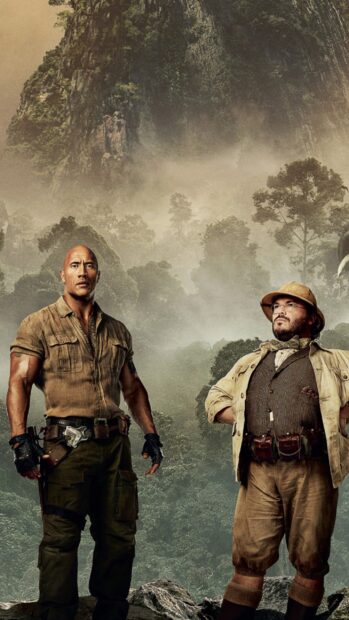 Two characters stand in a misty jungle from Jumanji The Next Level, 2K Mobile Wallpaper
